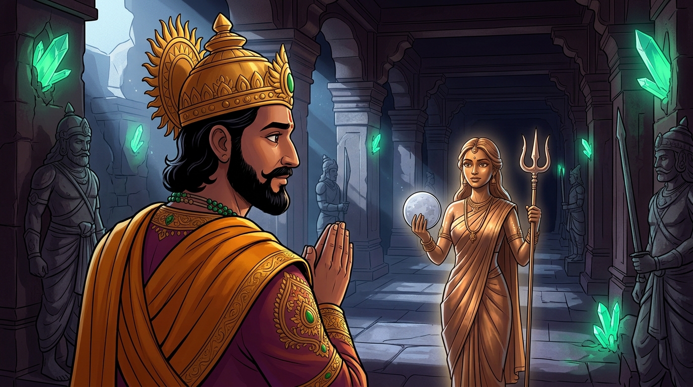 King Bhoja halts in deep reverence with folded hands, gazing at the living bronze maiden