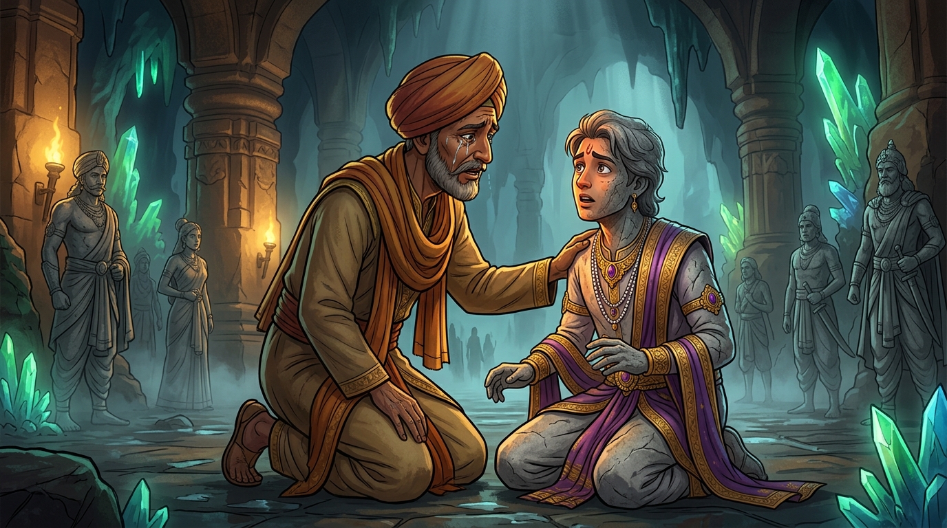 The merchant weeps, recounting how Prince Chandrasena was lured into the Maya-Guha