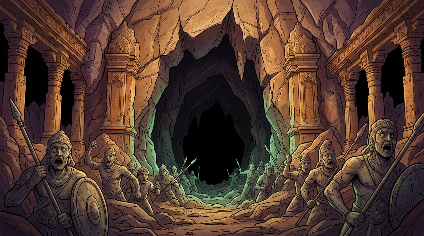 Flashback shot of the yawning mouth of the dark cavern surrounded by petrified stone warriors