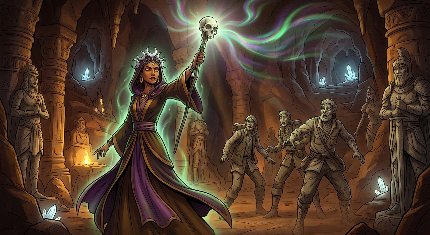 Inside the cave, Yogini Chandika-Priya raises her skull staff, turning travelers into stone