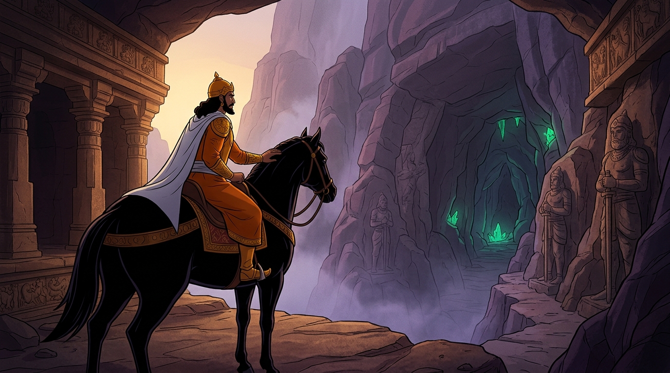 Vikramaditya mounts his black charger, riding alone into the misty gorges of the Vindhyas