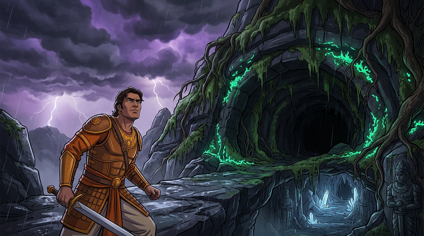 Vikramaditya arrives at the forbidding, moss-covered entrance of the Maya-Guha