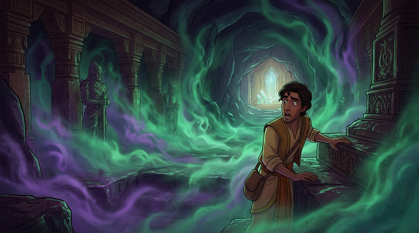 Inside the subterranean cavern, eerie green and violet mists swirl with whispering voices