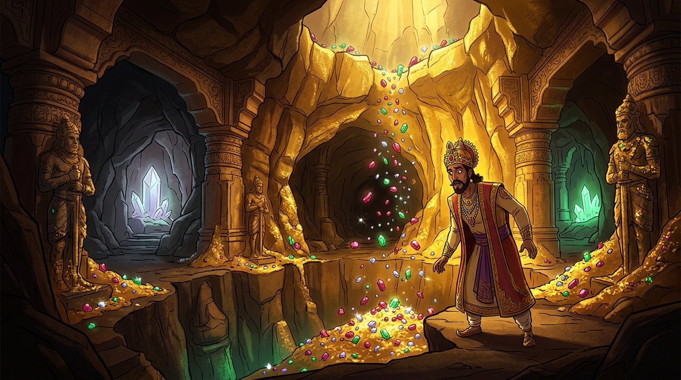 The cavern walls turn to solid gold, raining mountains of rubies, emeralds, and diamonds