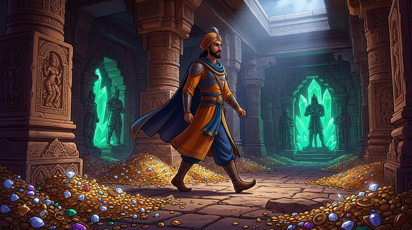 Vikramaditya steps over the piles of glittering diamonds without glancing