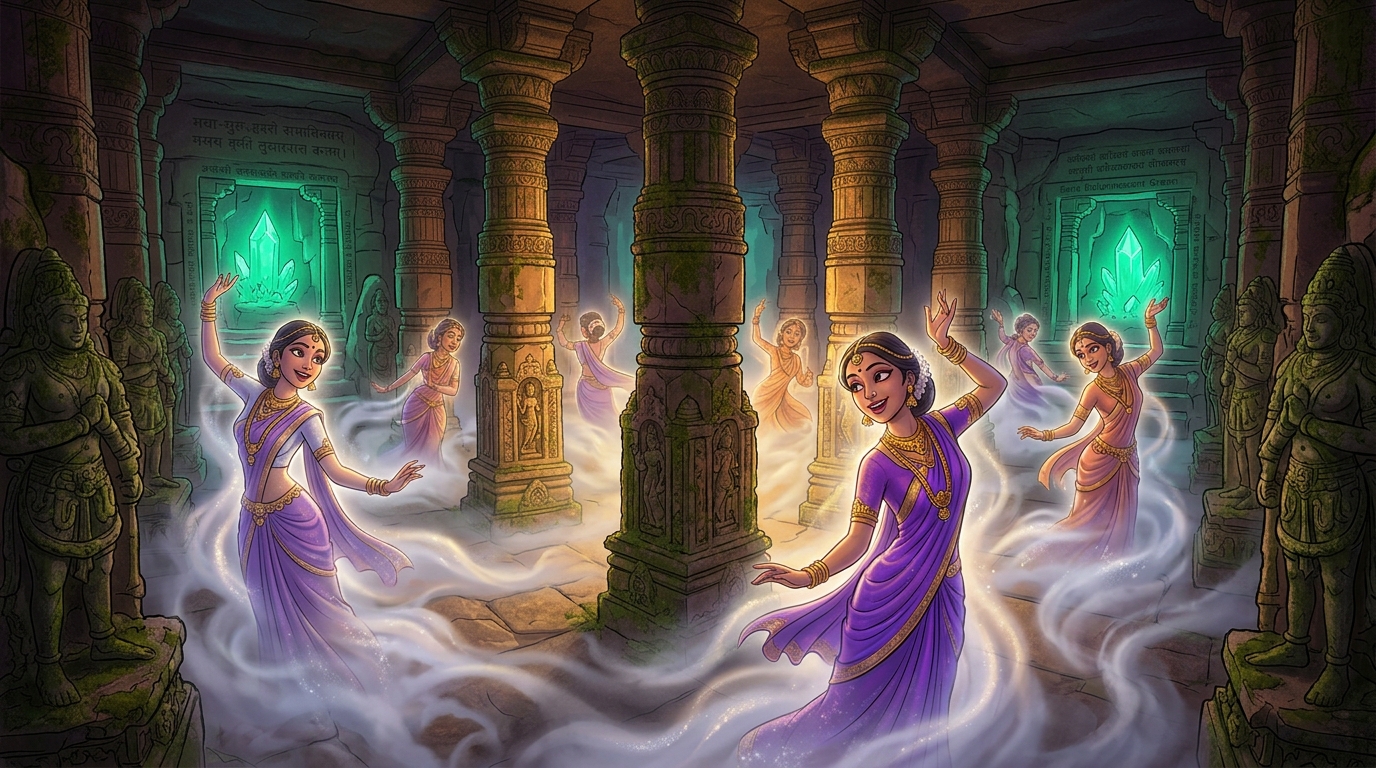 Shimmering celestial Apsaras appear from the mist, singing enchanting melodies of romance