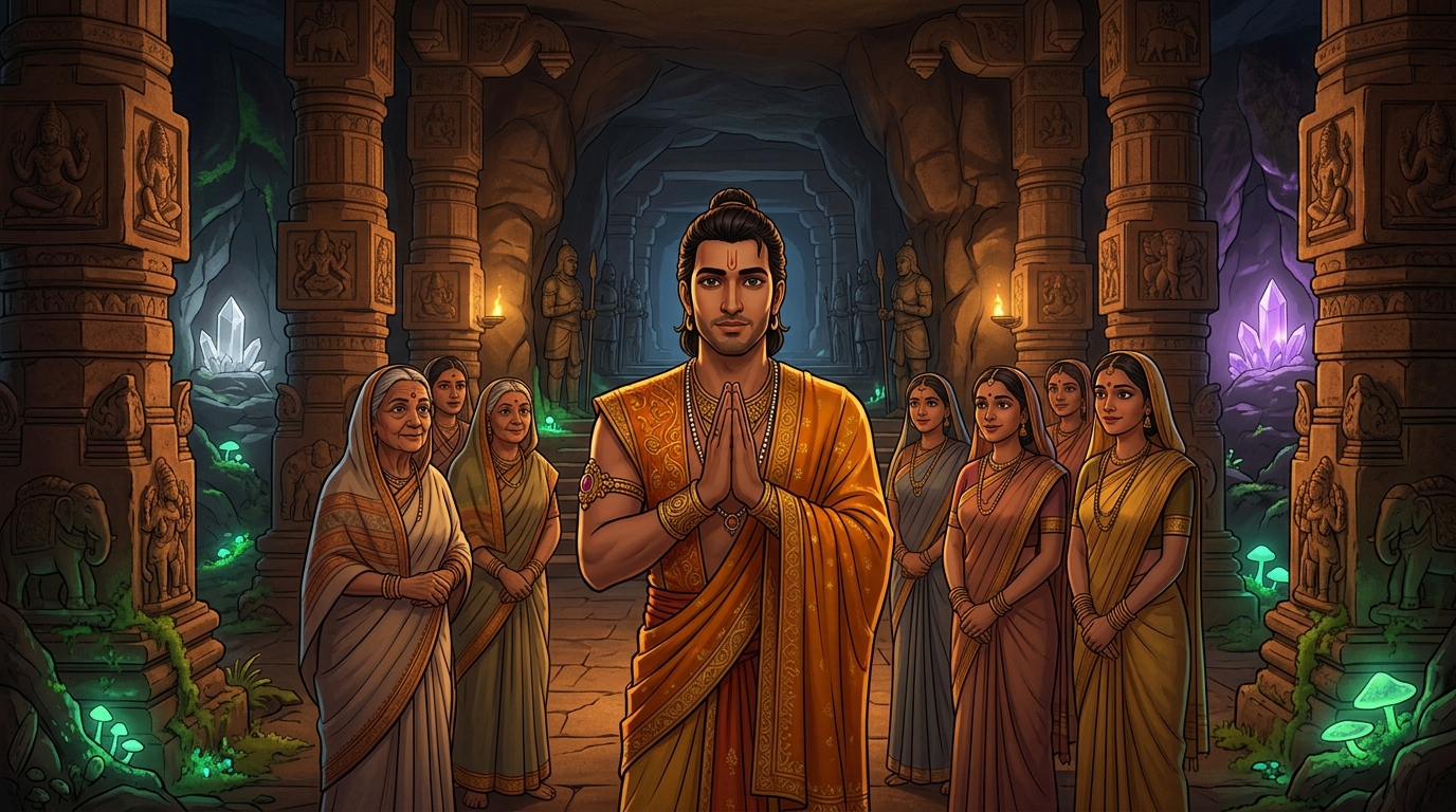 Vikramaditya folds his hands in serene reverence as if greeting his own mothers and sisters