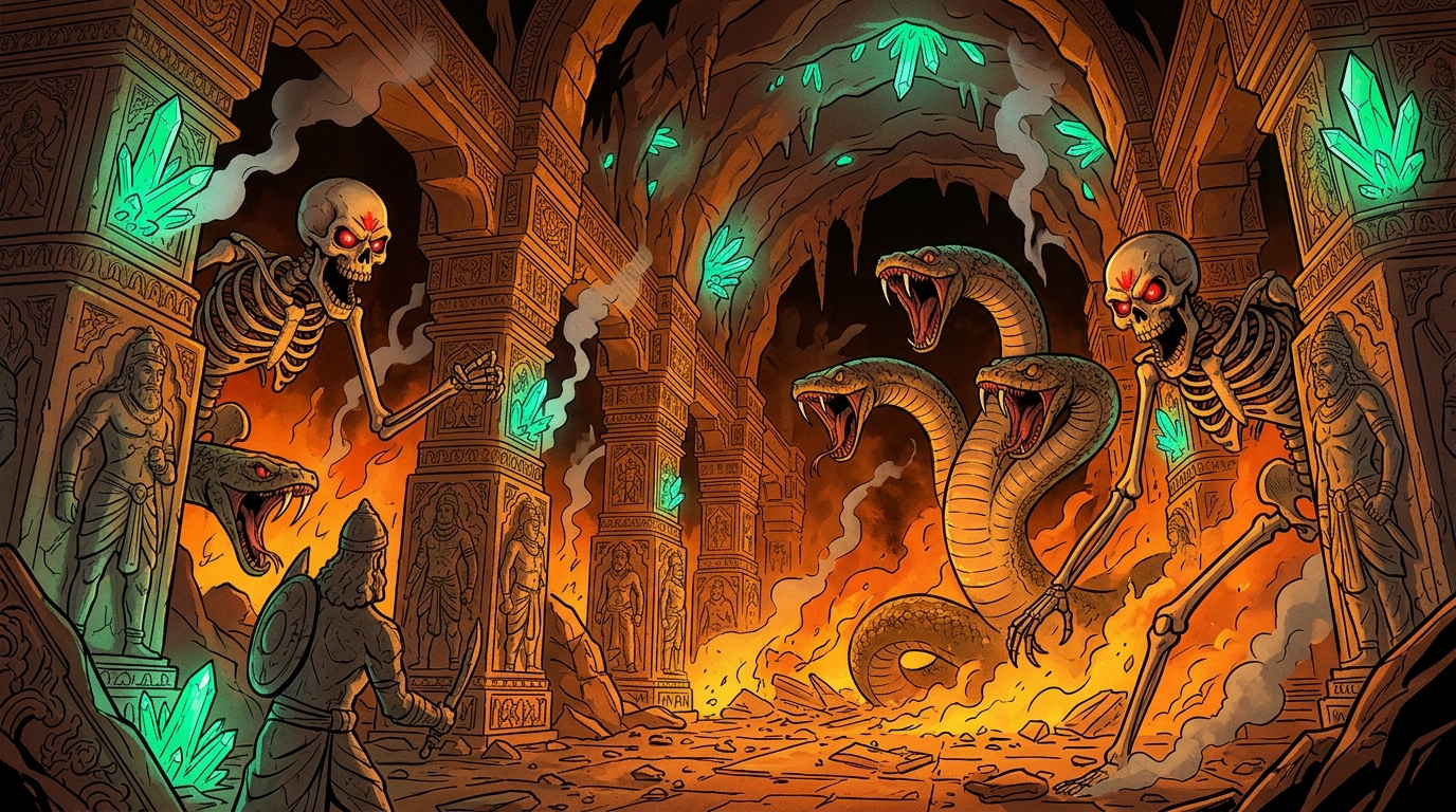 The cavern erupts into a fiery nightmare: towering skeletal demons and giant serpents lunge