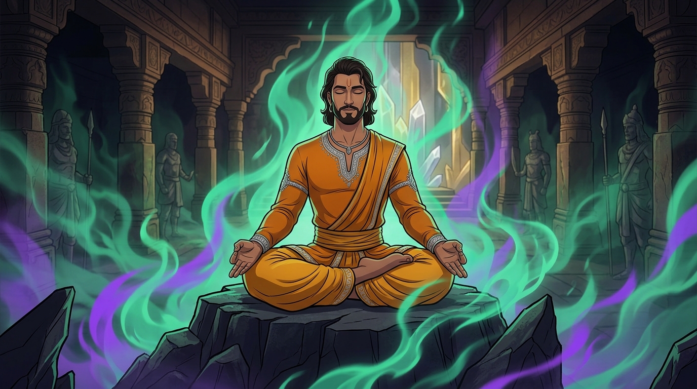 Vikramaditya sits calmly in lotus posture on a jagged rock amidst the swirling phantom fire