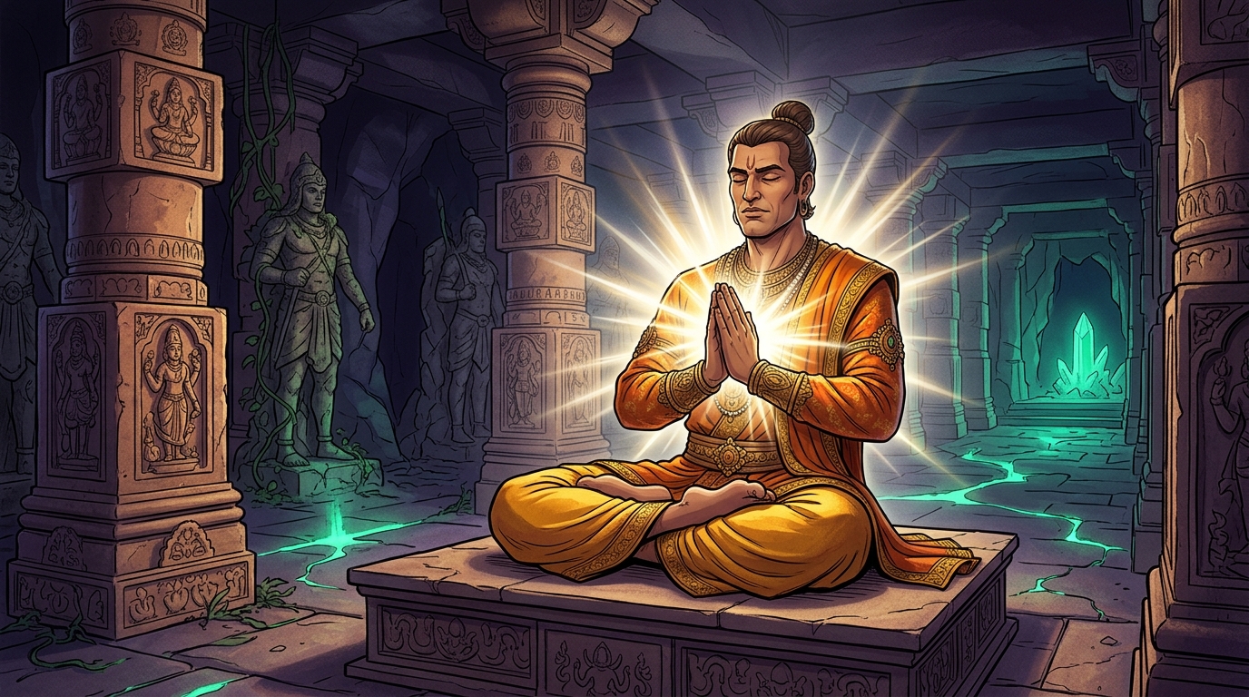 Vikramaditya chants sacred Vedic verses; a blinding white aura of pure spiritual light radiates