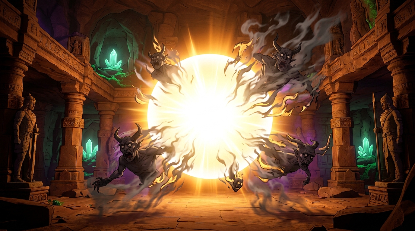 The blinding spiritual light vaporizes the shadowy demons and phantom flames like smoke