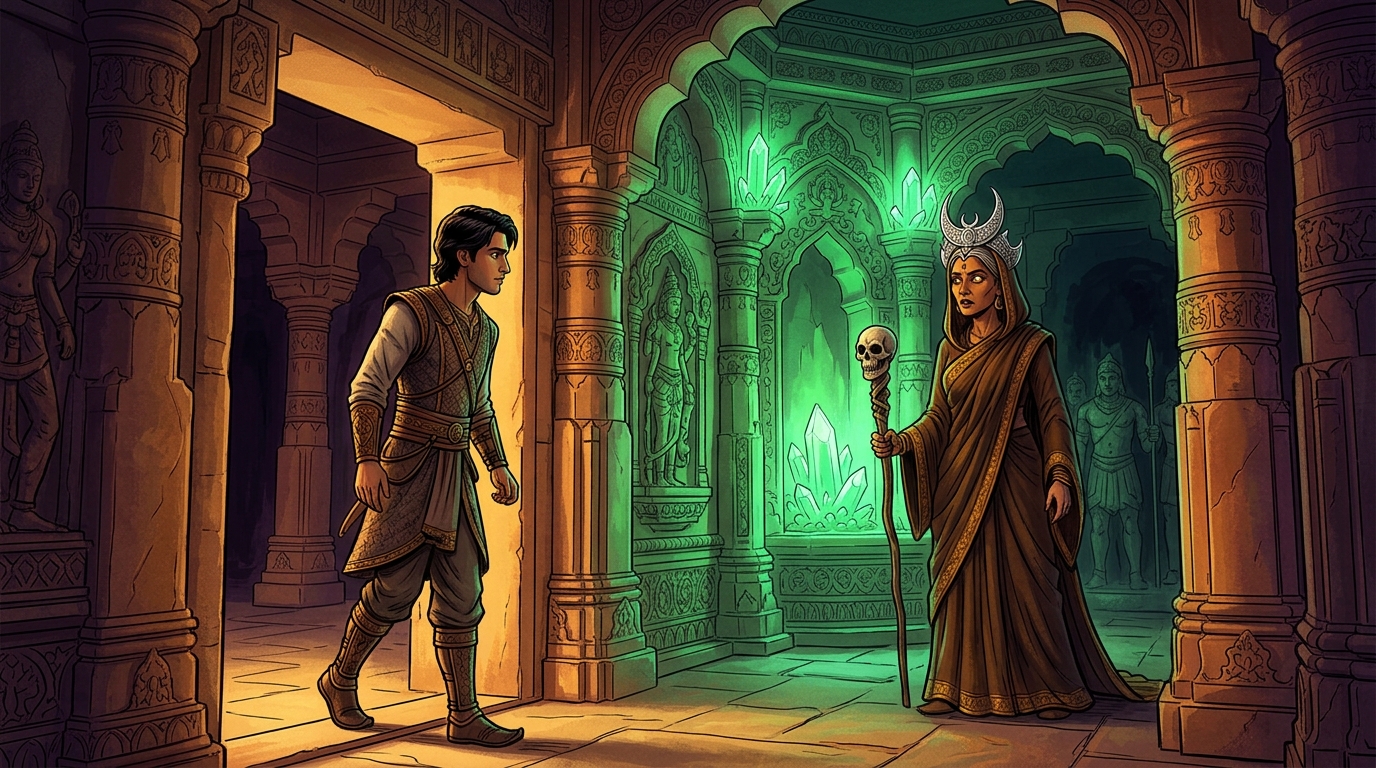 Vikramaditya walks into the inner glowing sanctum where Yogini Chandika-Priya stands