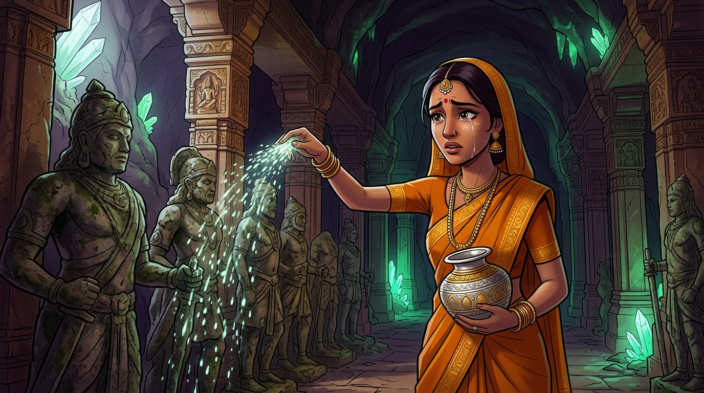 Moved to tears of spiritual repentance, the Yogini sprinkles sacred Amrita water over the statues