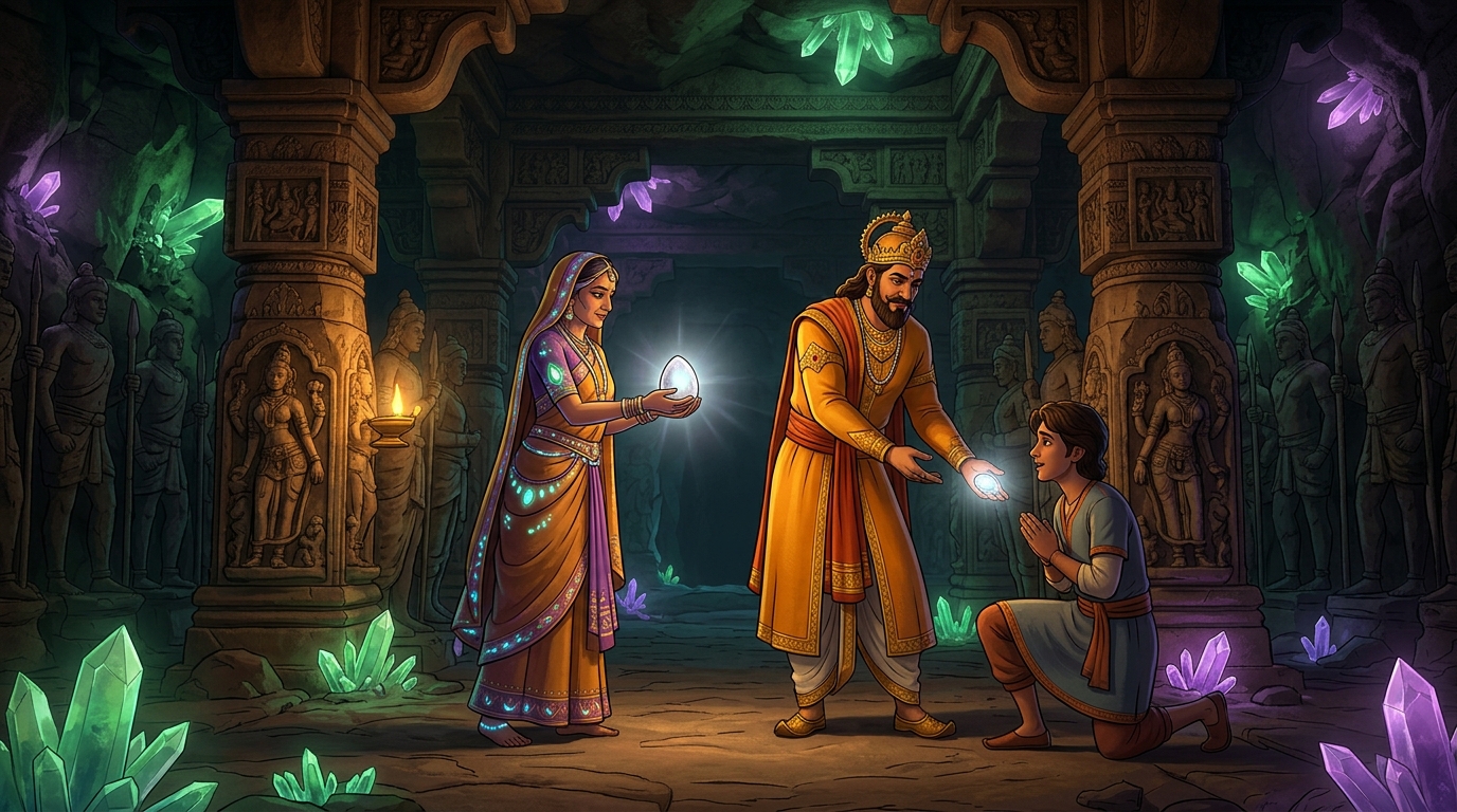The Yogini presents the wish-granting Chandra-Mani gem; Vikramaditya gifts it to the prince