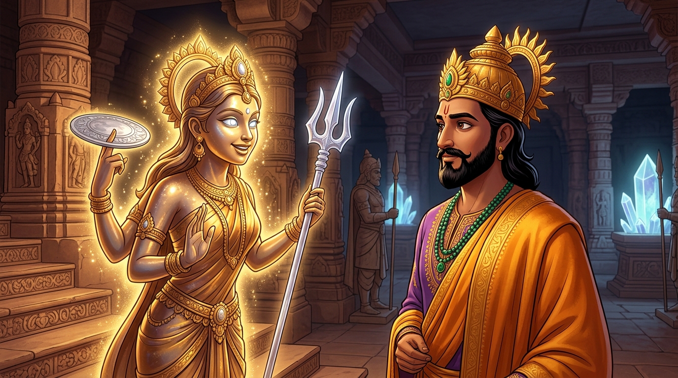 Back in Dharanagari palace, Chandrajyoti looks directly at King Bhoja with moonlight-silver eyes