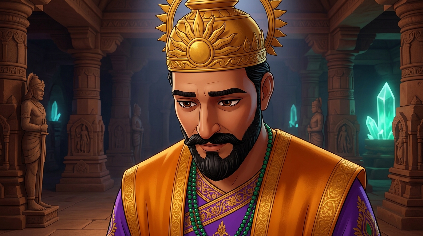 King Bhoja lowers his head in deep humility and introspection, acknowledging Vikramaditya's mastery