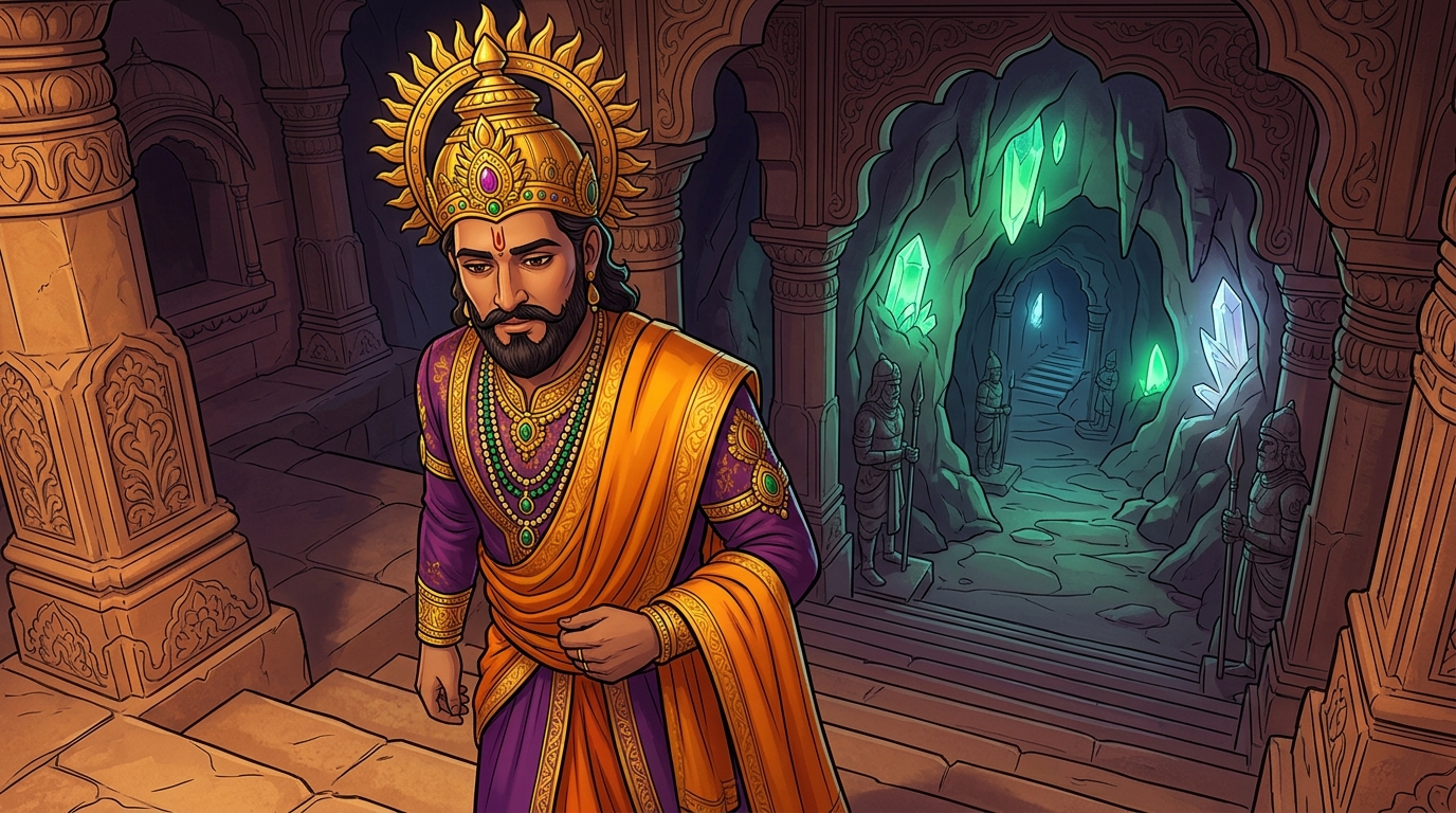 King Bhoja steps down from the twenty-first step, ordering meditation academies established