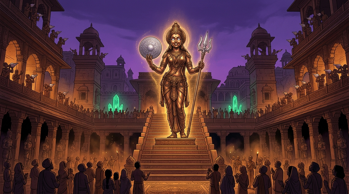 Twilight conches echo across Dharanagari as Chandrajyoti smiles and freezes back into silent bronze