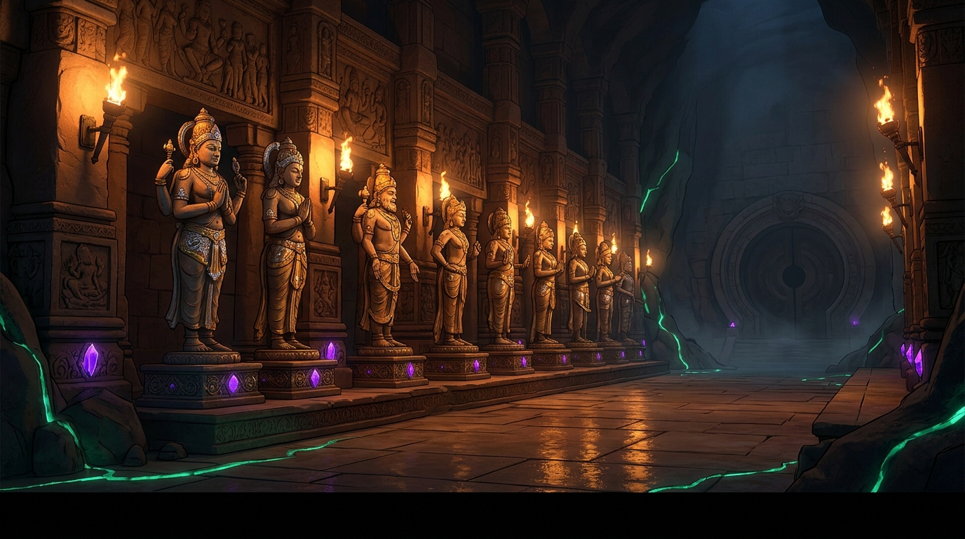 The remaining eleven celestial statues gleam in the evening torchlight