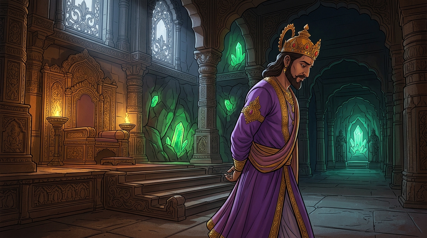 King Bhoja departs the throne hall in quiet contemplation, inspired by Vikramaditya's mind-mastery