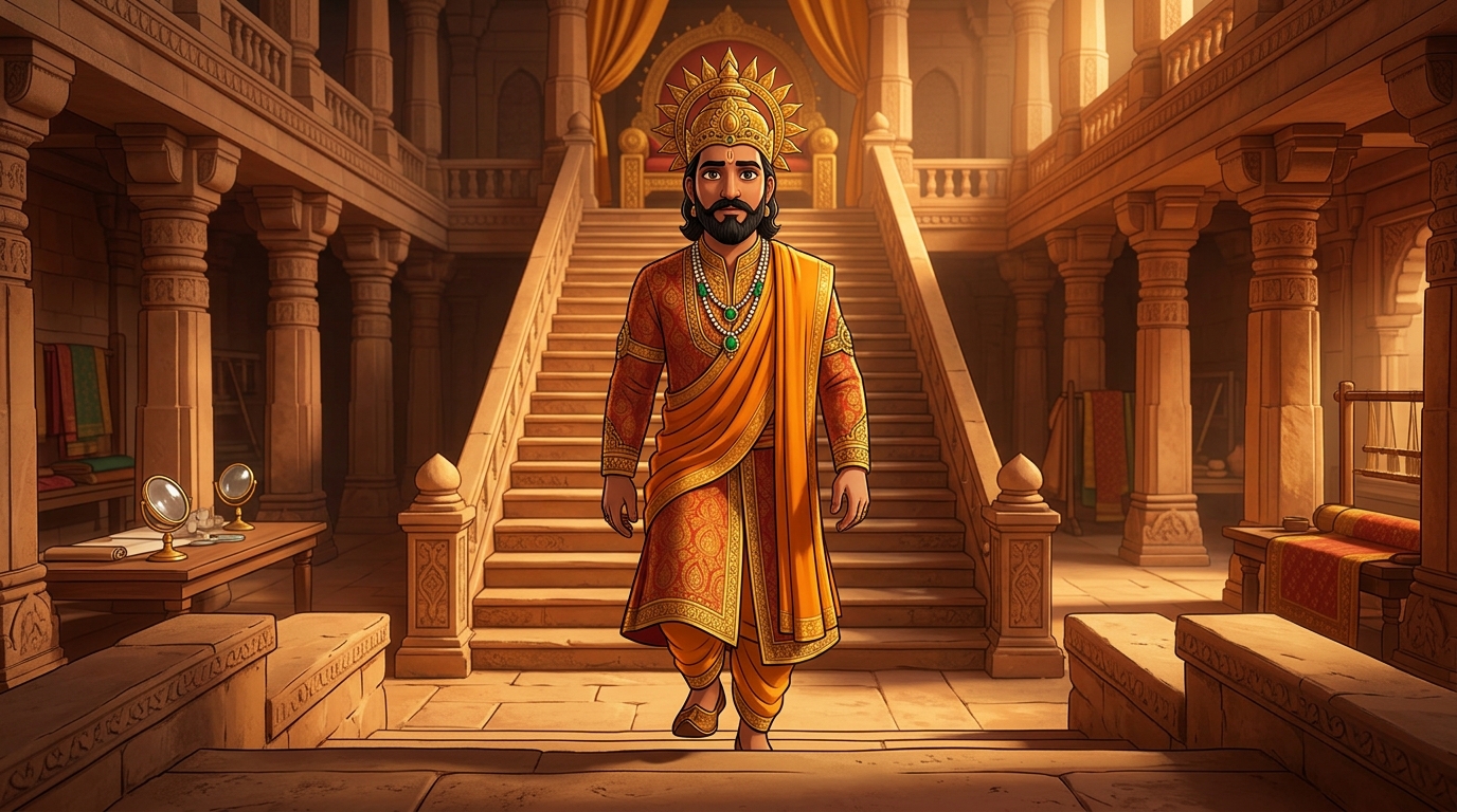 King Bhoja in sacred saffron silks approaches the twenty-second step of the throne