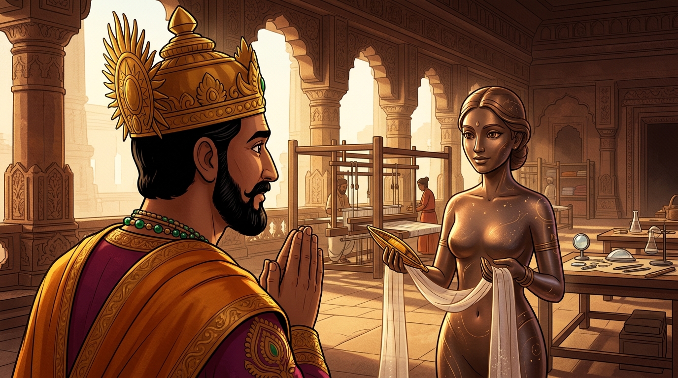 King Bhoja halts in deep reverence with folded hands, gazing at the living bronze maiden