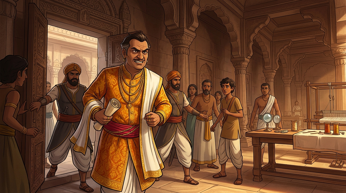 Hemadatta presents forged ledger scrolls and four bribed master appraisers