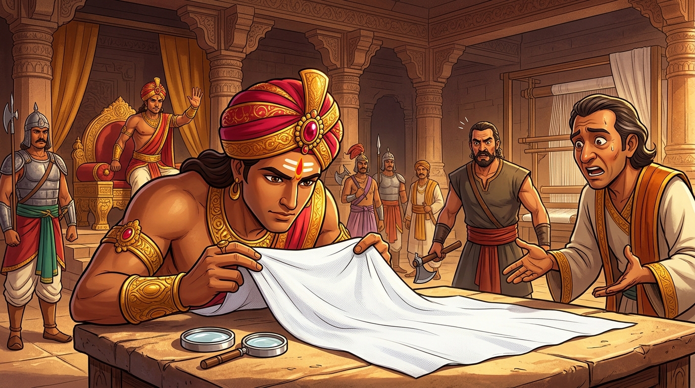 Vikramaditya raises his hand, stepping down to examine the contested silk fabric