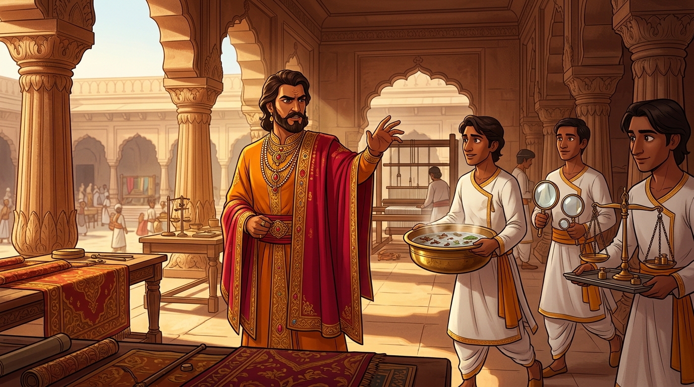 Vikramaditya commands attendants to bring basins of warm clove water and crystal magnifying lenses