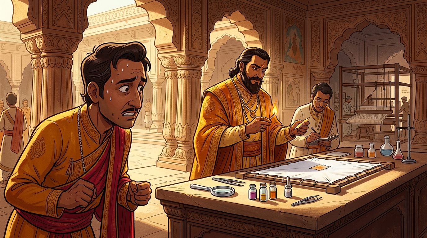 Hemadatta sweats slightly as the Emperor prepares the chemical and physical tests