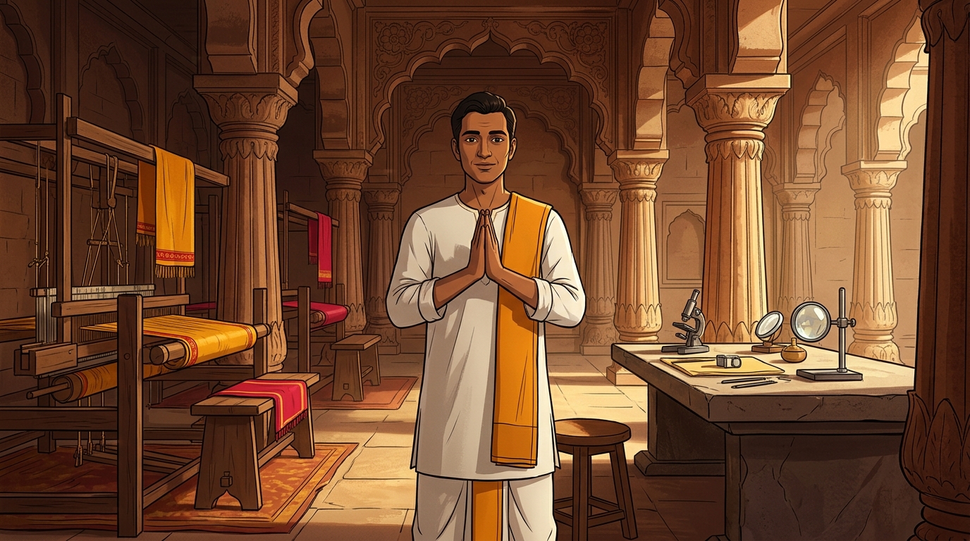 Padmanabha stands peacefully with folded hands, trusting in the purity of his labor
