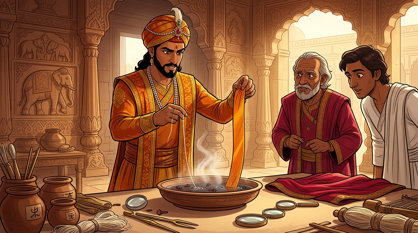 Vikramaditya dips a strip of commercial guild silk alongside a thread from Padmanabha's mantle