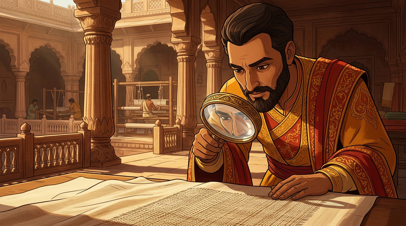 Vikramaditya inspects the fabric under a polished crystal magnifying lens