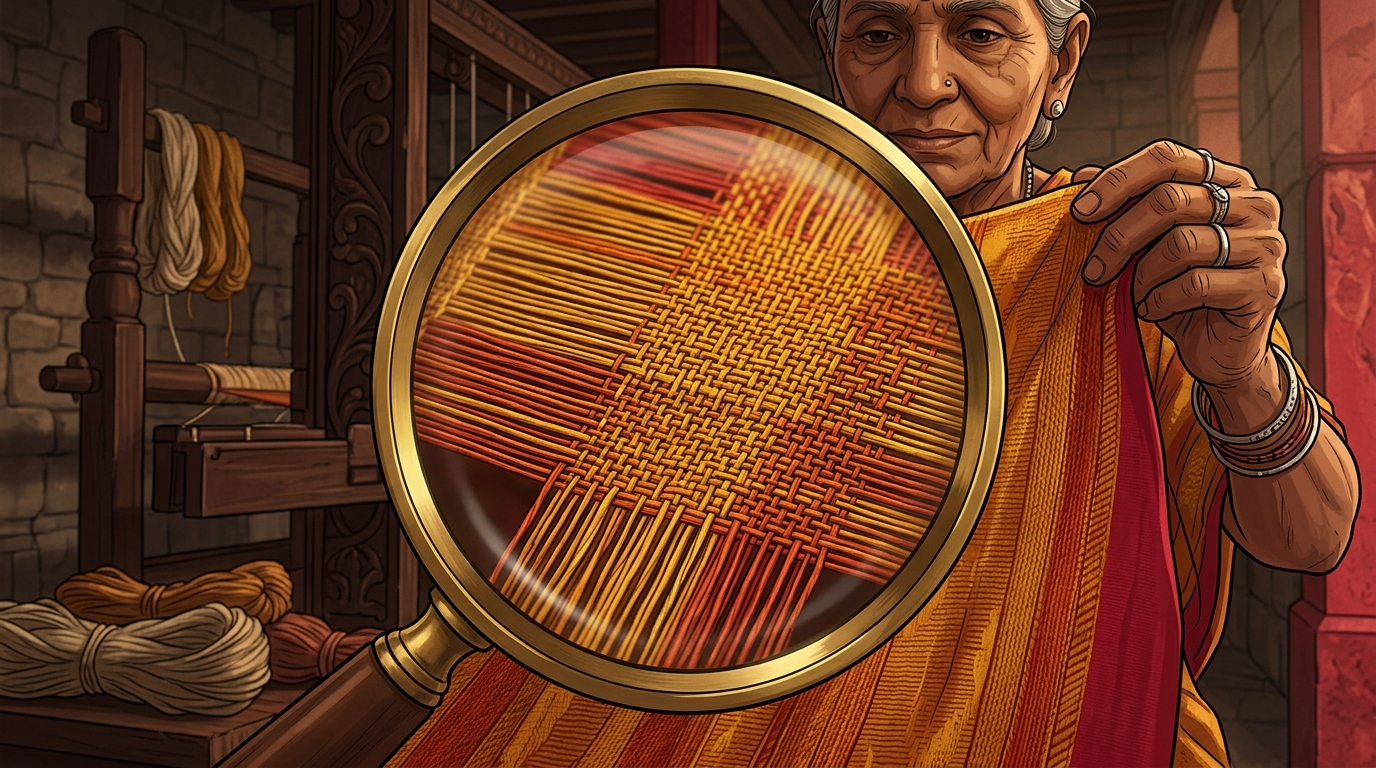 Under magnification, exactly 1,008 micro-threads per inch are woven in the sacred Vedic count