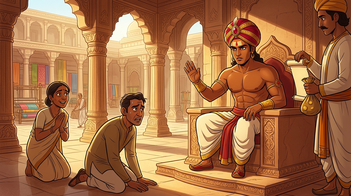 Vikramaditya revokes the corrupt guild president's license, fining him twenty thousand gold dinars