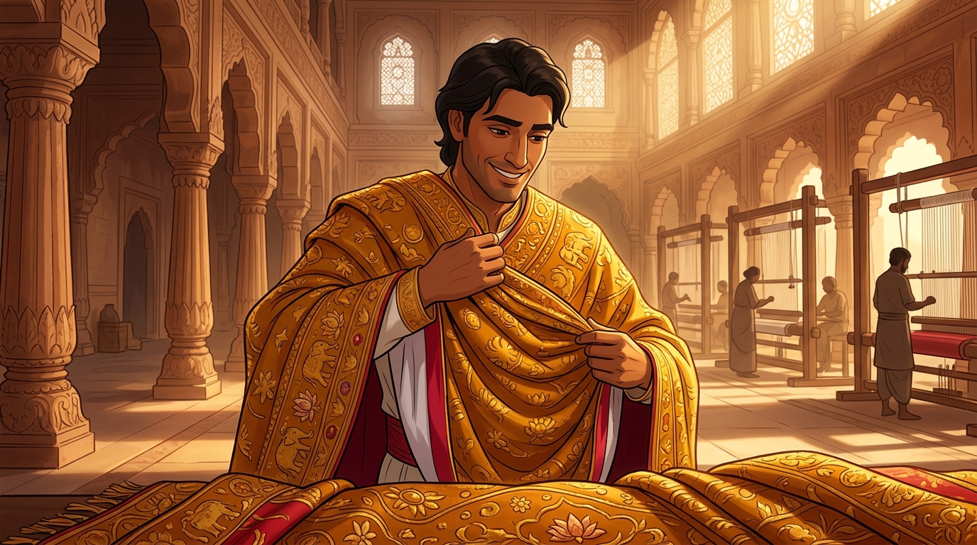 Vikramaditya drapes the magnificent gold-and-silk mantle over his shoulders