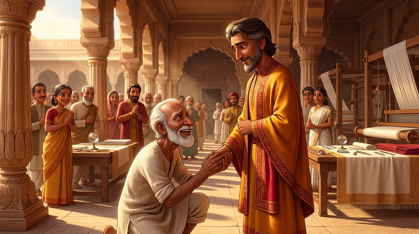 Padmanabha touches the Emperor's feet in tears of joy, his craftsmanship honored
