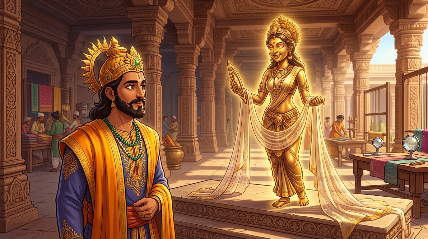 Back in Dharanagari palace, Anurodhavati looks directly at King Bhoja with saffron-golden eyes