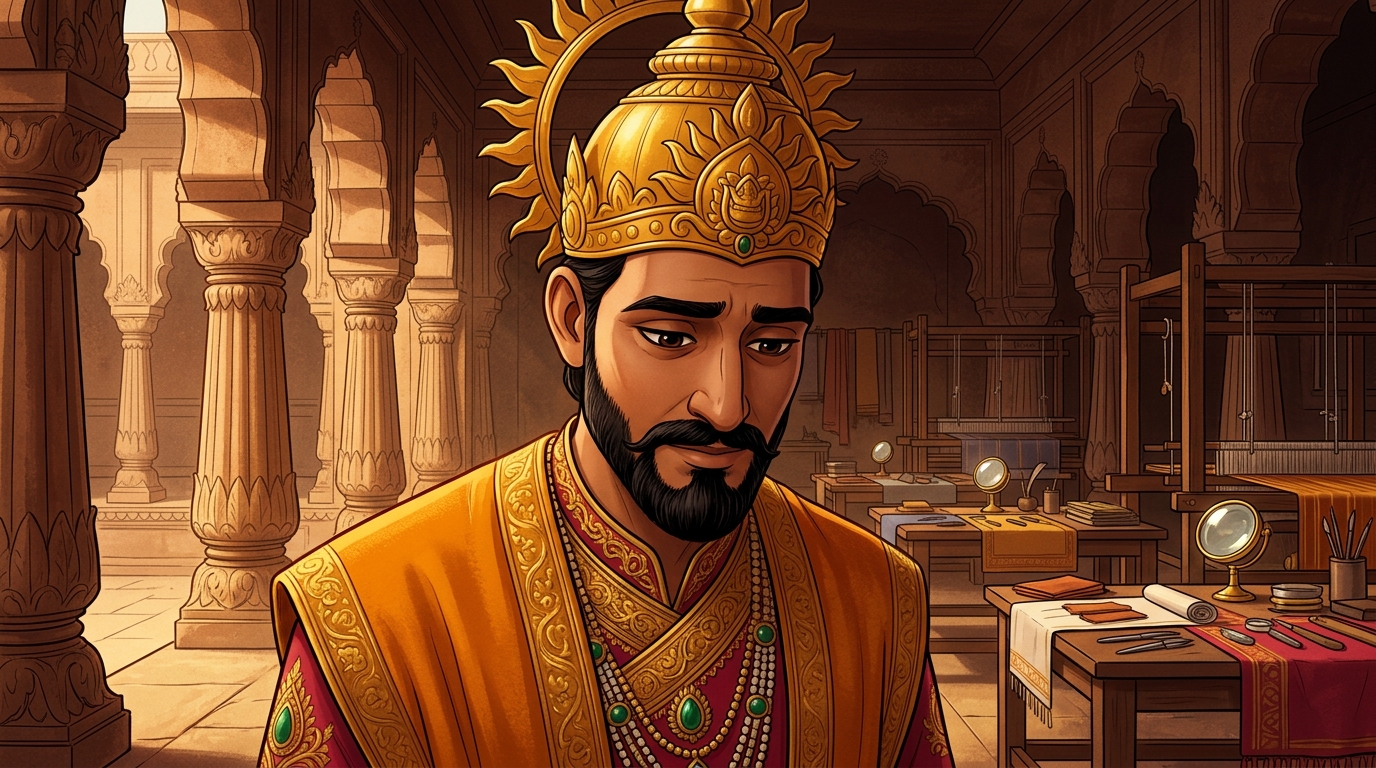 King Bhoja lowers his head in deep humility and introspection, acknowledging Vikramaditya's wisdom