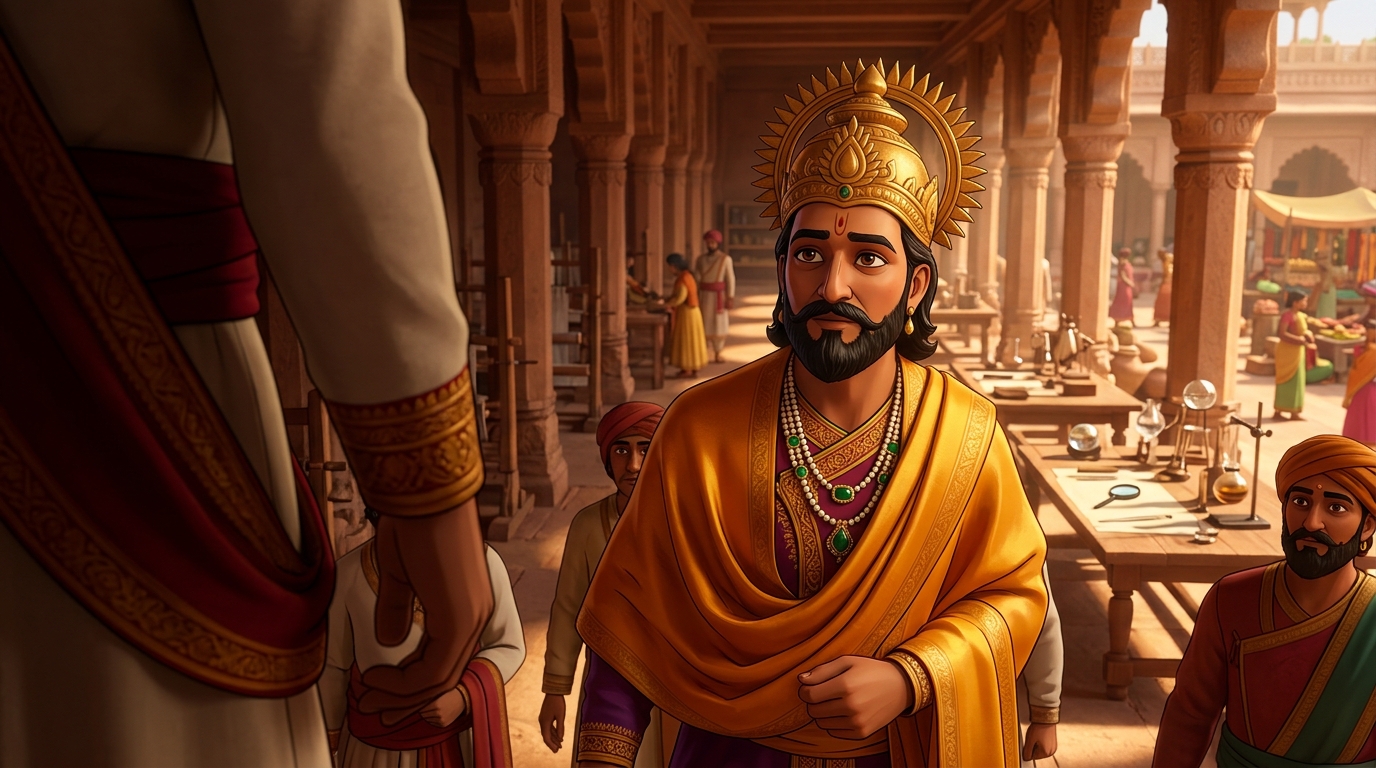 King Bhoja steps down from the twenty-second step, ordering artisan guild protections established