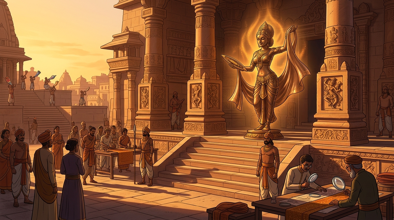 Twilight conches echo across Dharanagari as Anurodhavati smiles and freezes back into silent bronze