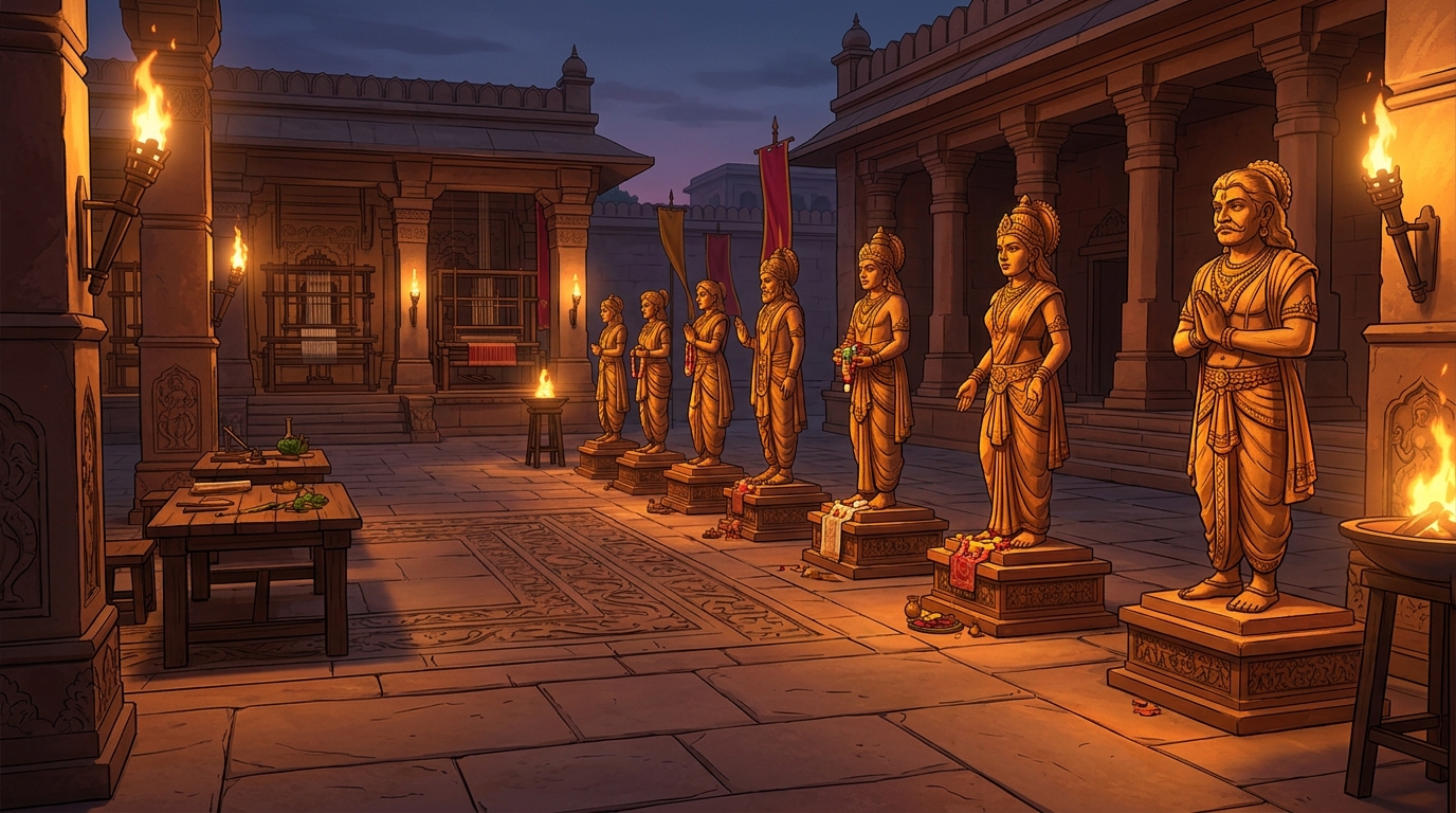 The remaining ten celestial statues gleam in the evening torchlight