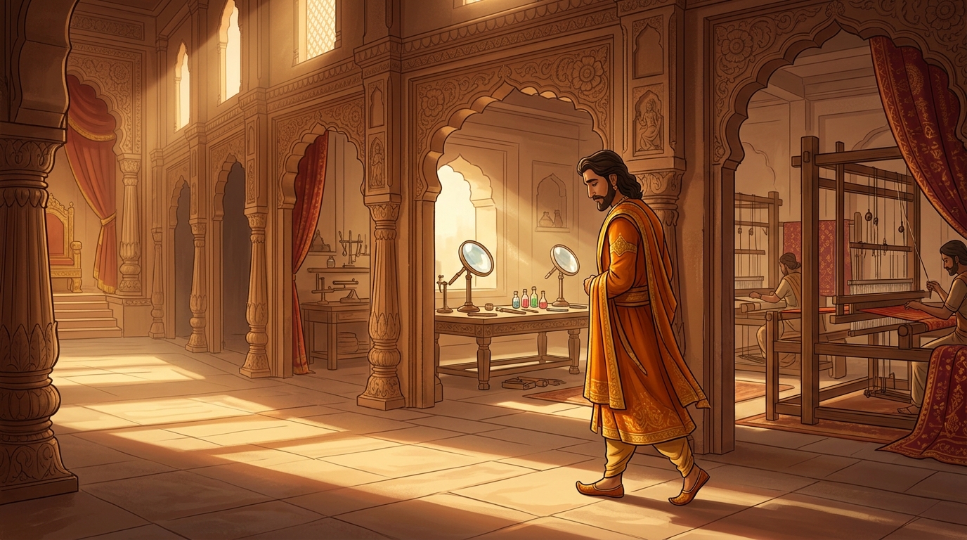 King Bhoja departs the throne hall in quiet contemplation, inspired by Vikramaditya's justice
