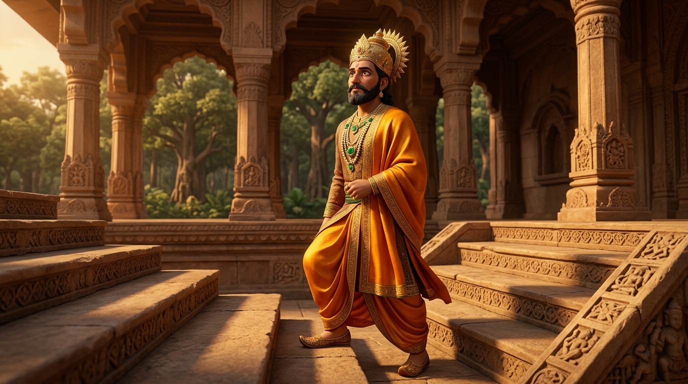 King Bhoja in sacred saffron silks approaches the twenty-third step of the throne