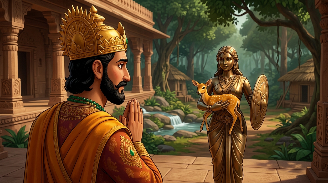King Bhoja halts in deep reverence with folded hands, gazing at the living bronze maiden