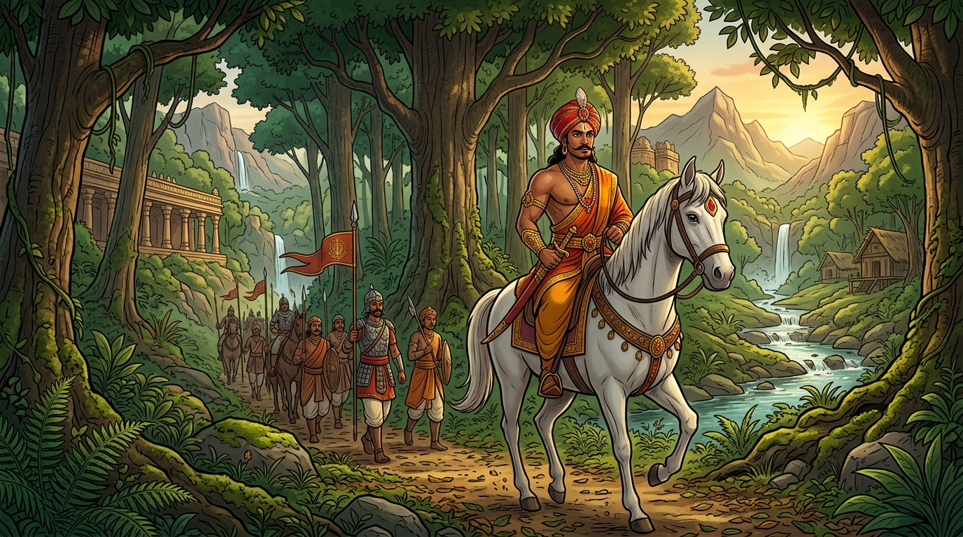 In the lush, sun-dappled sal forest of the Vindhyas, Vikramaditya rides on a quiet royal patrol