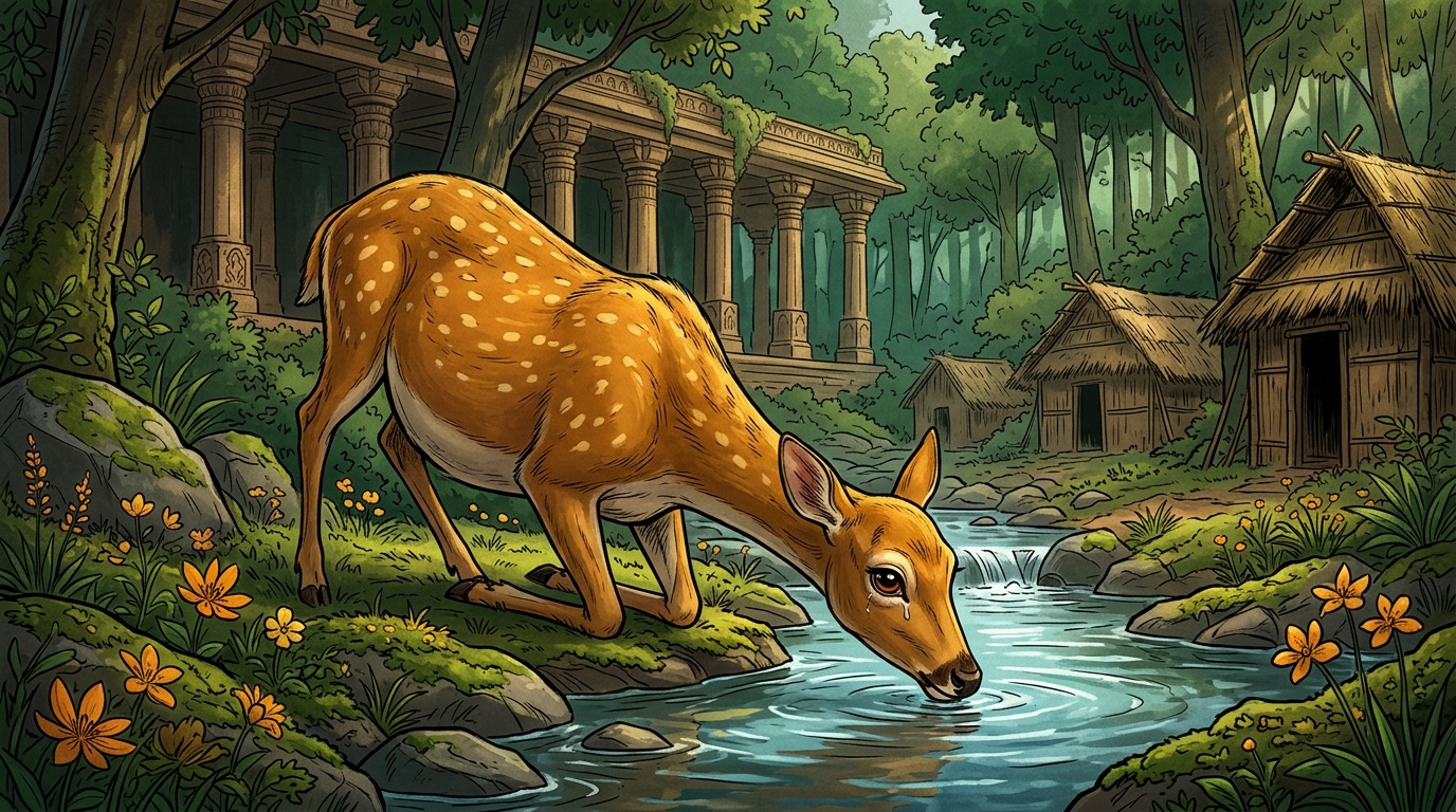 Beside a crystal-clear forest brook, a pregnant doe drinks peacefully amidst wildflowers