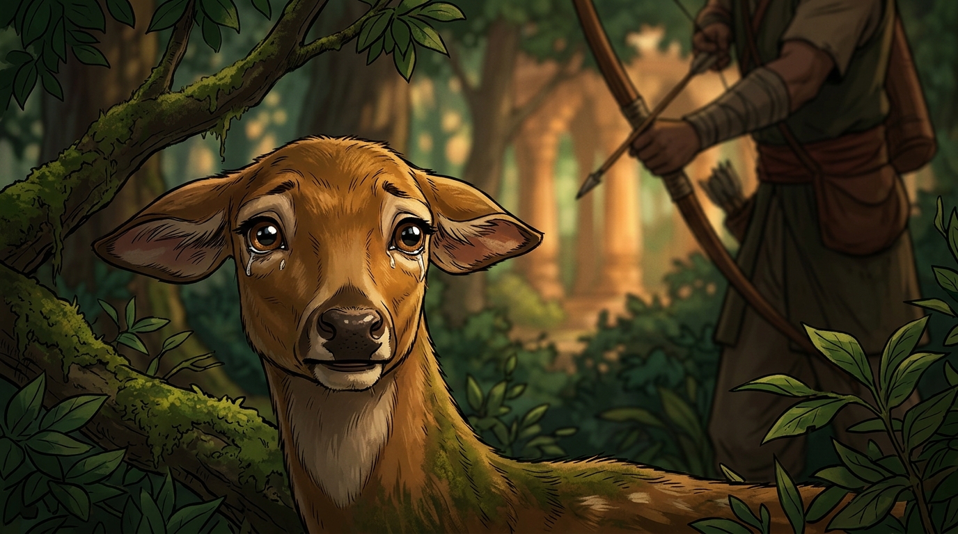 The doe senses the drawn bow, gazing back with soulful, tear-filled eyes