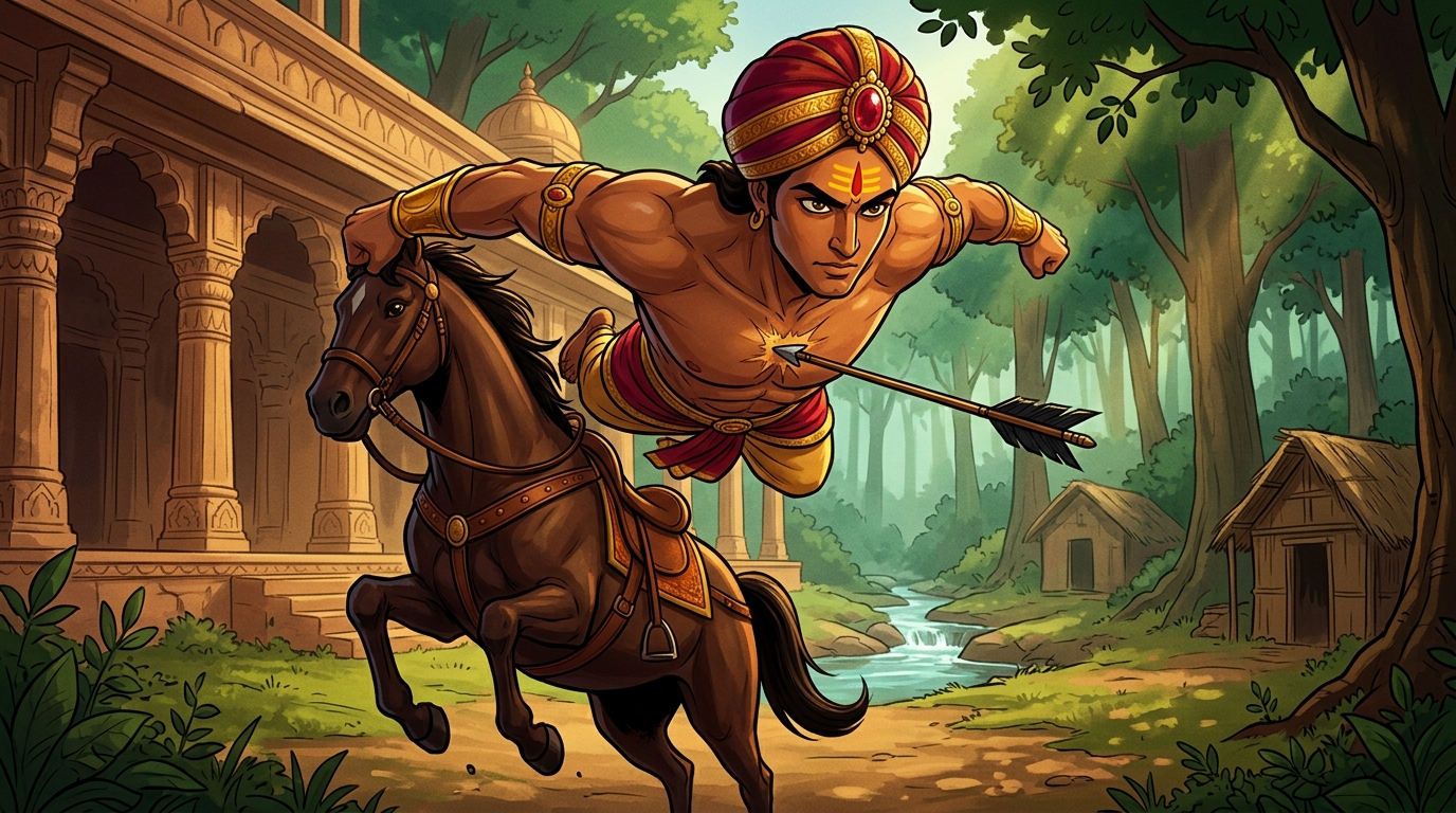 Vikramaditya leaps from his horse in mid-air, throwing his body into the path of the arrow