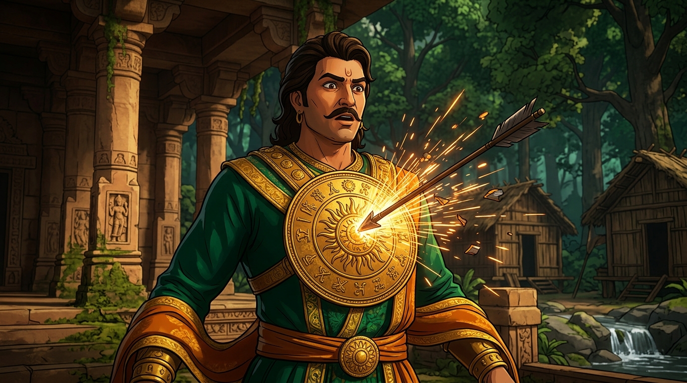 The iron arrow strikes Vikramaditya's golden chest medallion, shattering in a shower of sparks